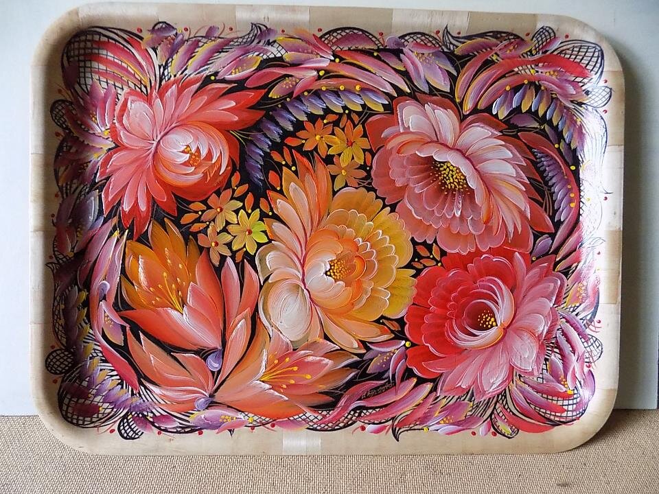 "Облака". Расписной поднос. 30*40 см. Масло, лак, дерево.