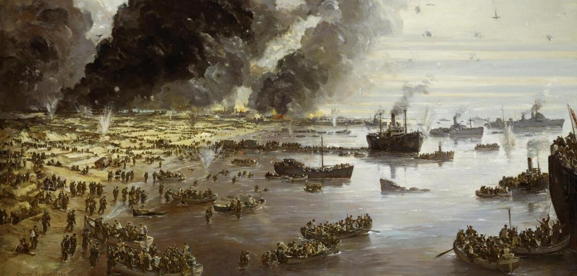 Эвакуация Дюнкерка на британской картине. Воздушный бой бушевал над пляжем