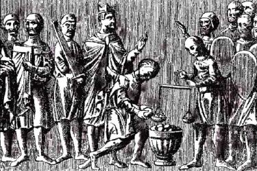 Болеслав I Великий, король Польши, выкупает у пруссов останки замученного ими в 997 г. св. Адальберта, покровителя Польши. Бронзовый барельеф на дверях собора в Гнезно. XII в. 