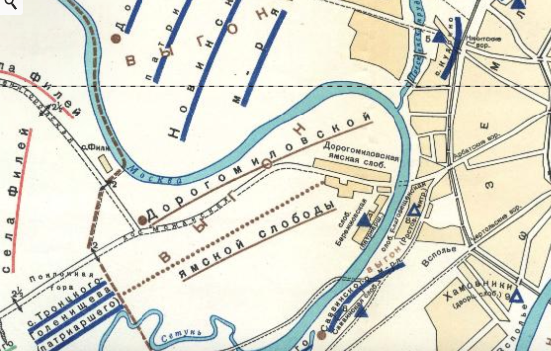 Дорогомиловская слобода на восстановленной карте Москвы и окрестностей 1648 года. С сайта www.retromap.ru