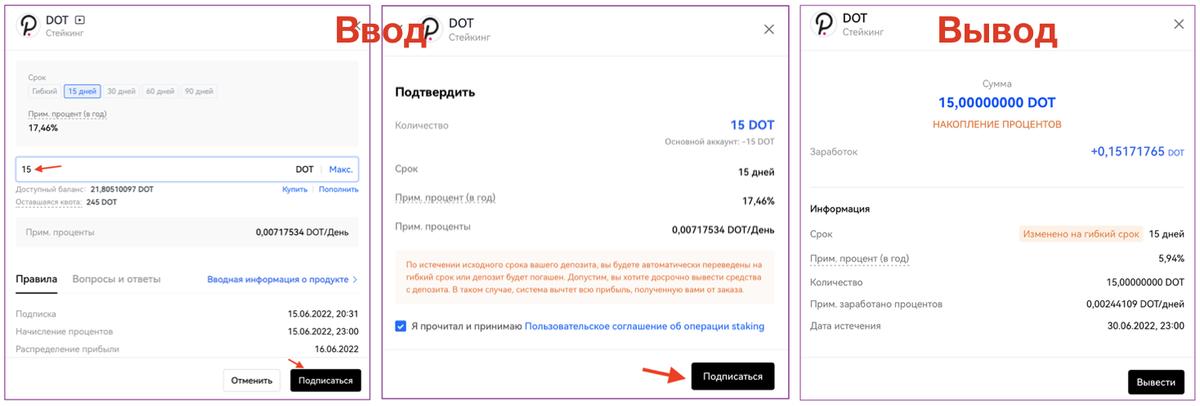 Рис 2. Ввод средств в стейк 15.06.2022. Вывод из стейка 21.07.2022