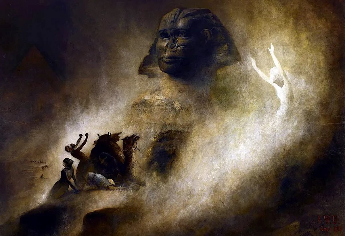 "Великий Сфинкс" 1903. Я неоднократно отмечал, что искусство начала 20-го века впитало в себя самые мрачные и тёмные образы, ибо различные дарвинистские идеи и ницшеанские концепции привели к обрушению Веры в Европе и частично в России. Это отражено на полотнах многих талантливых художников.  