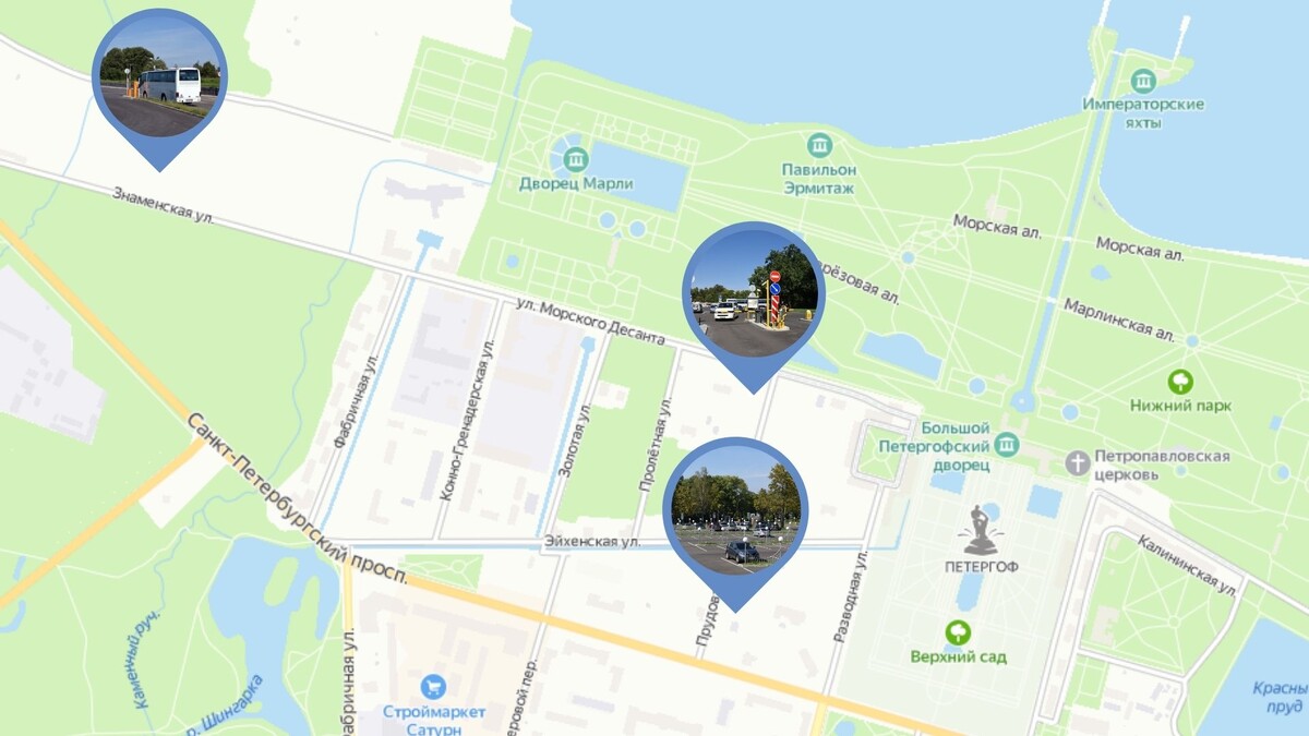 Расположение городских автостоянок в Петергофе