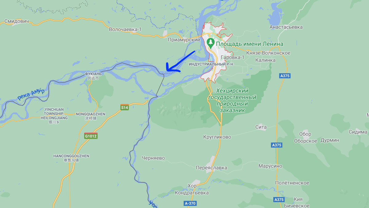 Совсем рядом Китай. Скриншот Google Карты