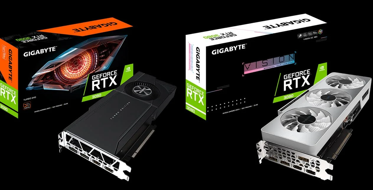 Турбинная rtx 3090 и белоснежная rtx 3080. Упаковка строгая и красивая.