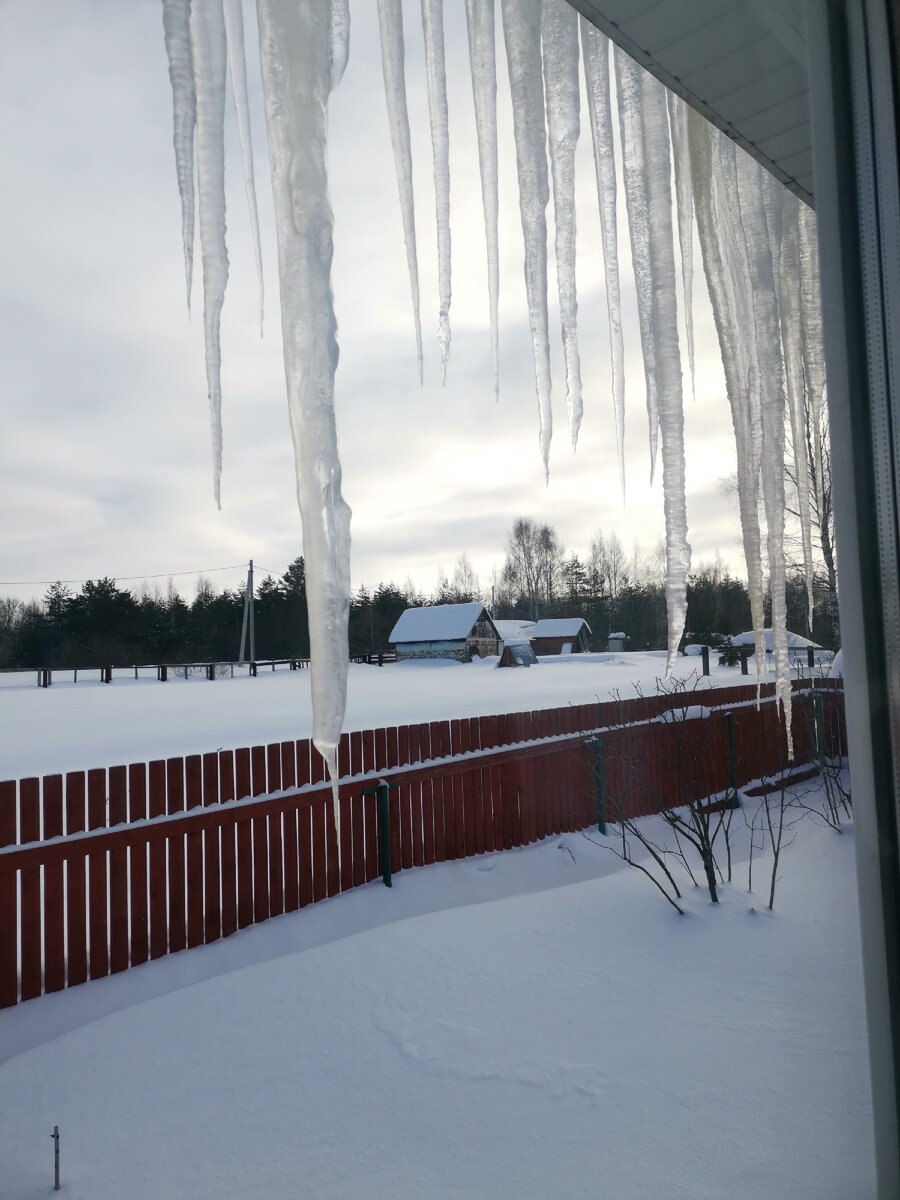 Как сказал дядя, сосульки - признак того, что дом отапливается. Вид из окна дома на жилую часть деревушки, с других сторон просторы - лес и поле. 
