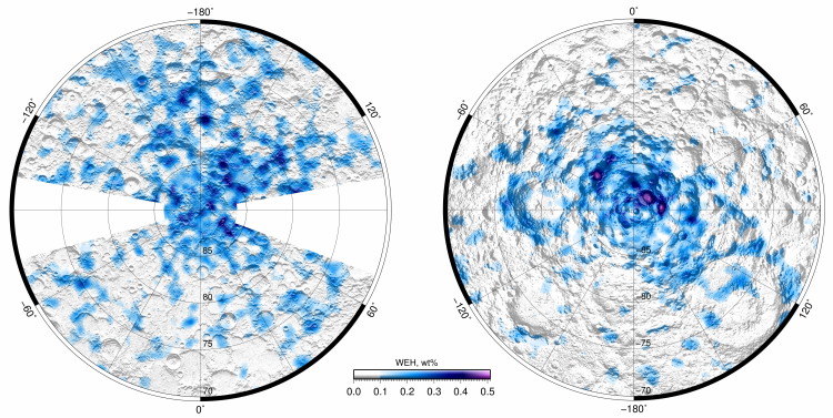 Лед на Луне,  весовые проценты, по данным измерений поля нейтронов