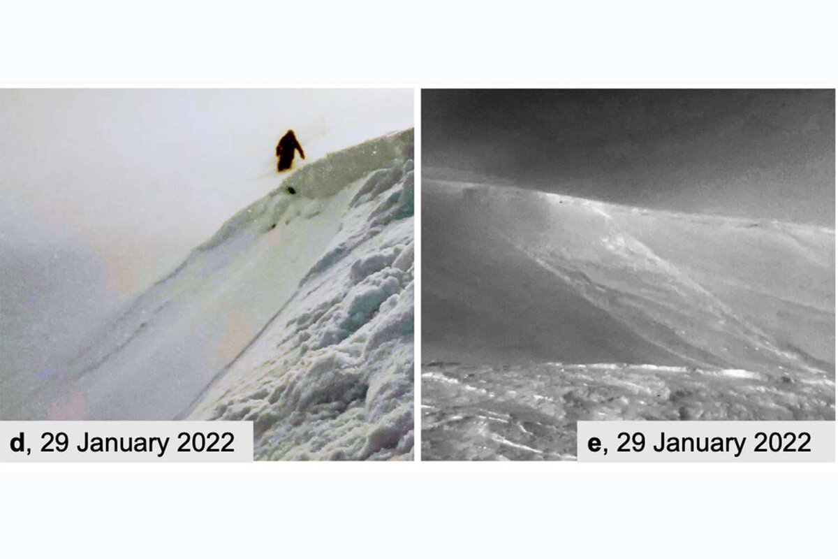 На левом скриншоте видеозаписи виден Дмитрий Борисов, стоящий на краю линии отрыва снежной доски. Справа общий вид склона на Хоолат-Сяхыл после отрыва пластовой лавины 29 января 2022 года.    