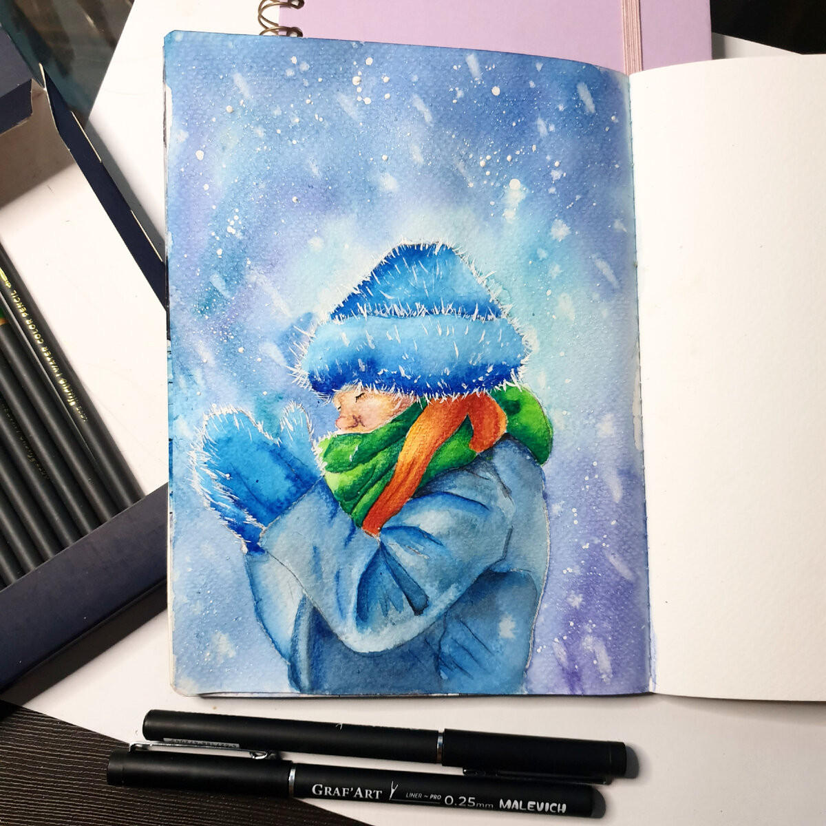 Зима. Иллюстрация в скетчбуке от Malevich Veroneze 25% хлопка. Акварель. Работа без линера. 
