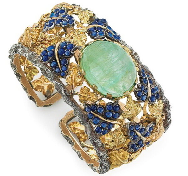 Золотой браслет-манжета с мотивом виноградной лозы, украшенный бериллом и сапфиром, Марио Буччеллати