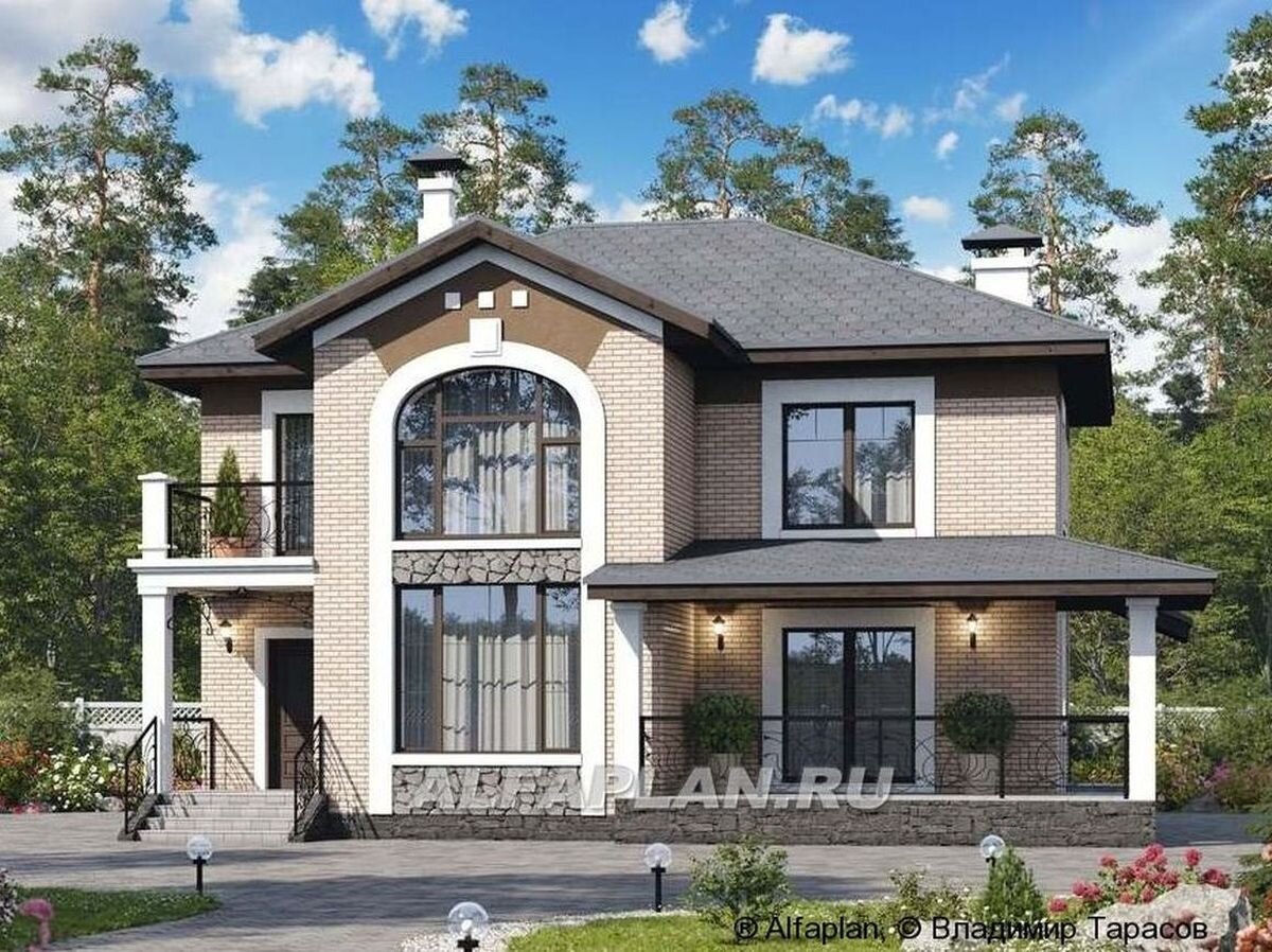 НА СЛАЙД-ШОУ 3 ФОТО: Проект загородного дома 376А «Модерн» из газобетона или керамического кирпича (площадь 145 м2, 4 спальни) – изящный коттедж с красивым арочным окном на 2 этаже и  различными фактурами наружной отделки: кирпич, штукатурка, искусственный камень. Дом по этому проекту предпочтительно ориентировать входом (террасой) на южные направления.