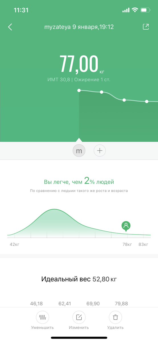Это приложение Mi Fit, которое идет к фитнесс-браслету. Замер количества шагов также очень помог похудению. Был в этом некий азарт обязательно сделать 8 000 шагов и не меньше. 
