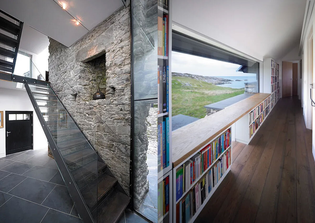 Старая стена внутри дома и библиотека с панорамным окном с видом на океан