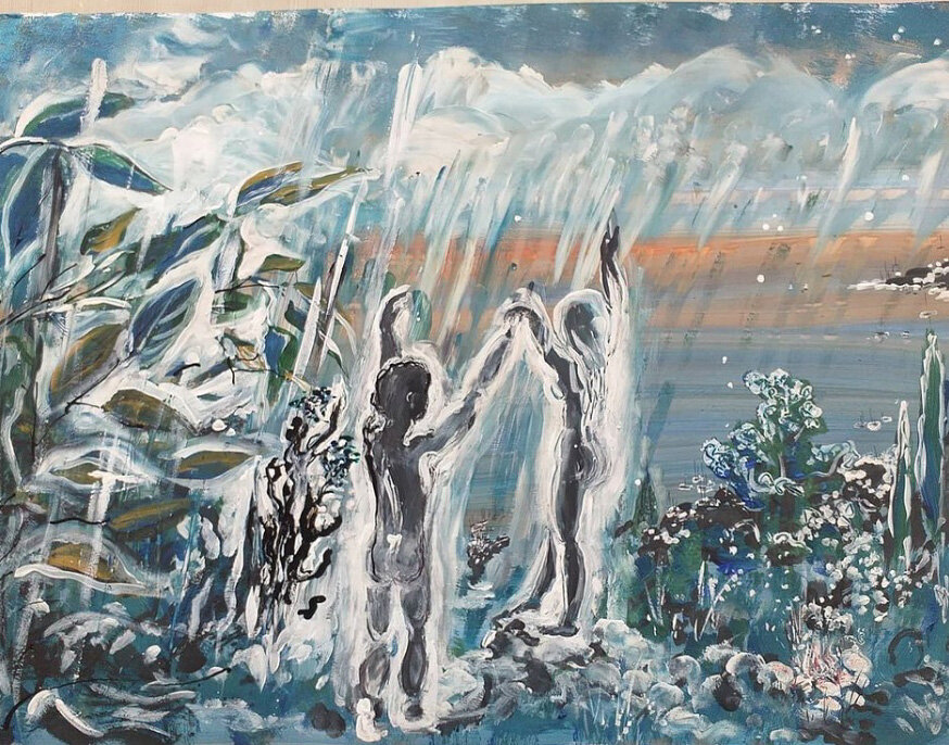 Адам и Ева: возвращение в Эдем. 2019 г. Сочи     Бумага, гуашь, лак. Размер: 45Х60 см 