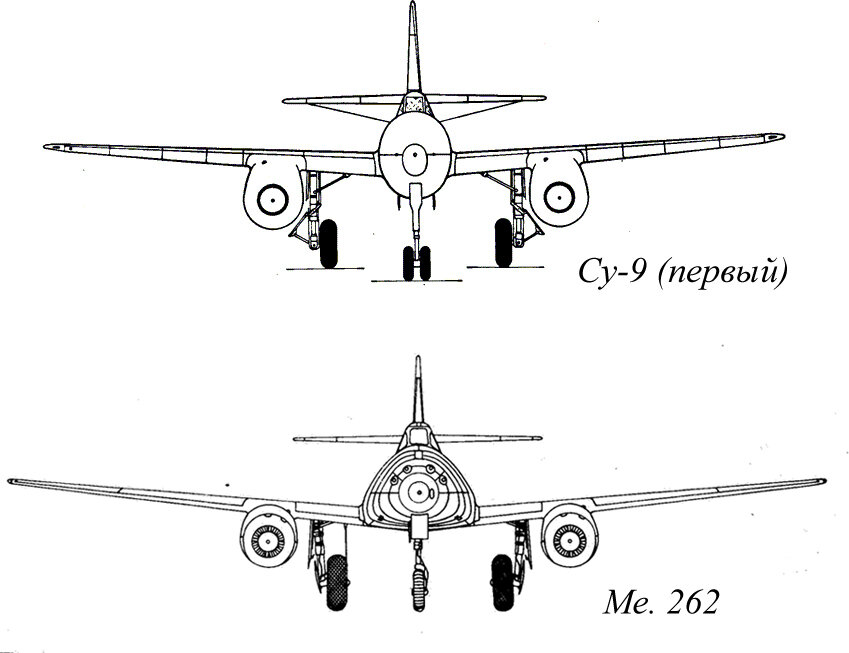 Схема проекций самолетов Су-9 (первый) и Me. 262. 