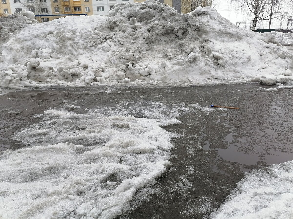 Чтобы попасть домой, приходится обходить эту огромную лужу. Сугробы до сих пор выше человеческого роста. Это я сегодня фотографировала