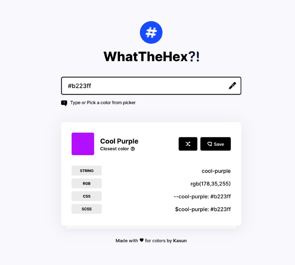 WhatTheHex — сервис помогает с цветовым неймингом, достаточно ввести HEX код или выбрать цвет в палитре.