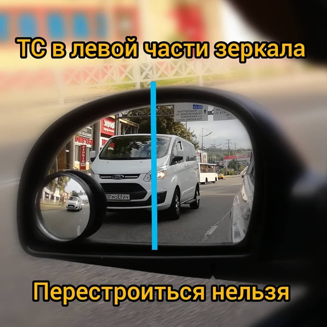 ТС находится в левой части зеркала (дальней от Вас) и видно автомобиль полностью