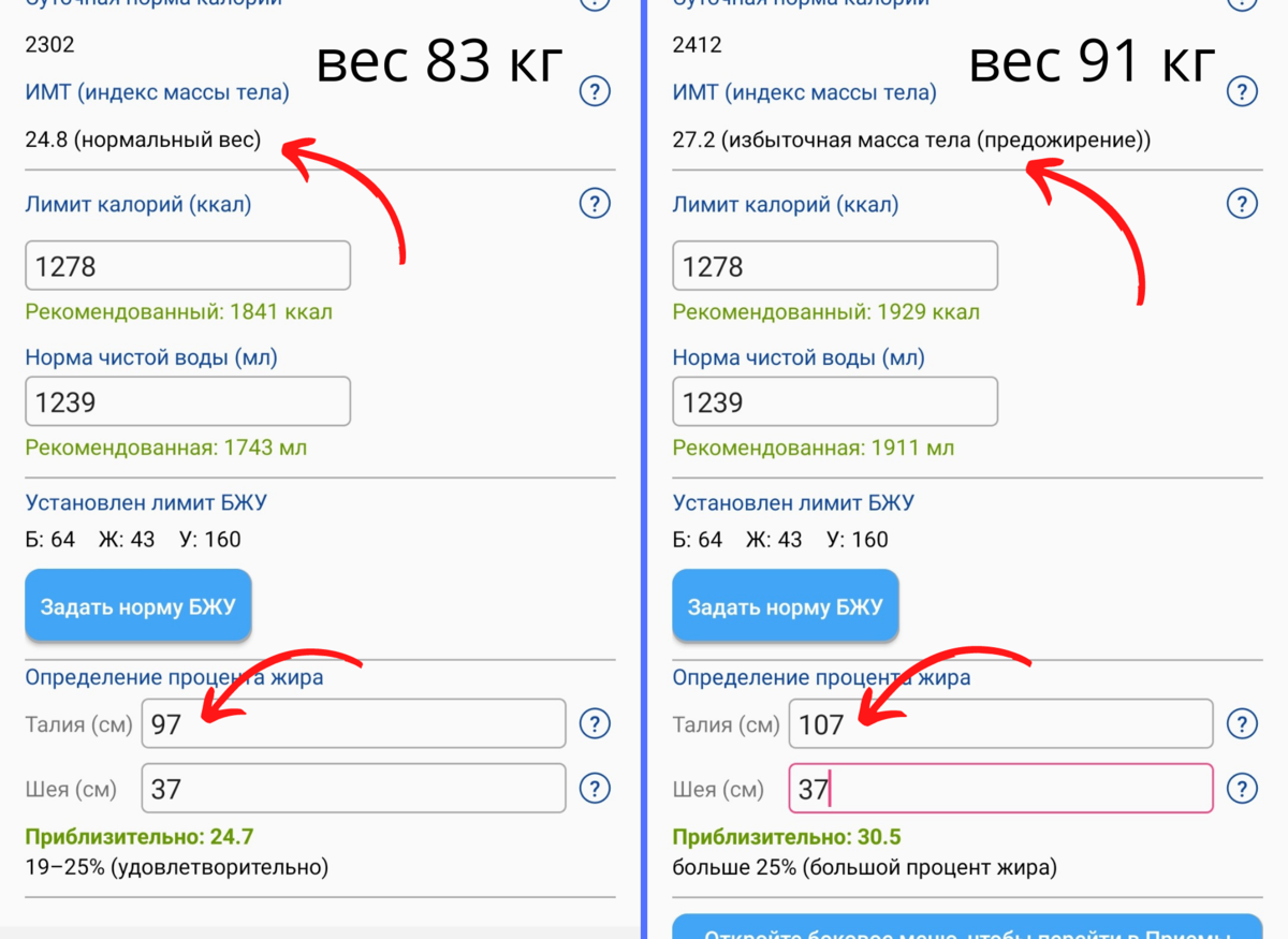 Данные мужа. Справа - что было, слева - к чему должны прийти