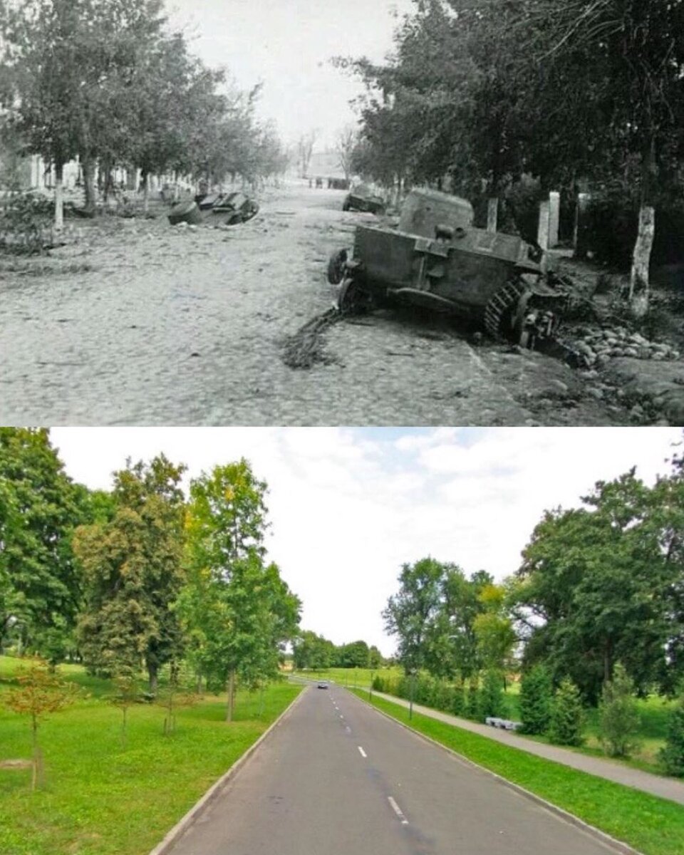 Дорога от Трёхарочных ворот к Северным. 1941 – наши дни. Современные кадр – Яндекс. панорамы.