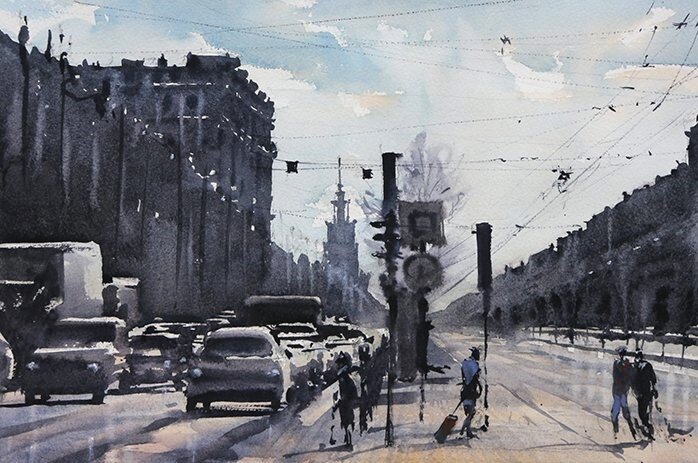 Стерхов К., «Московский проспект», бумага, акварель, 30 х 40 см