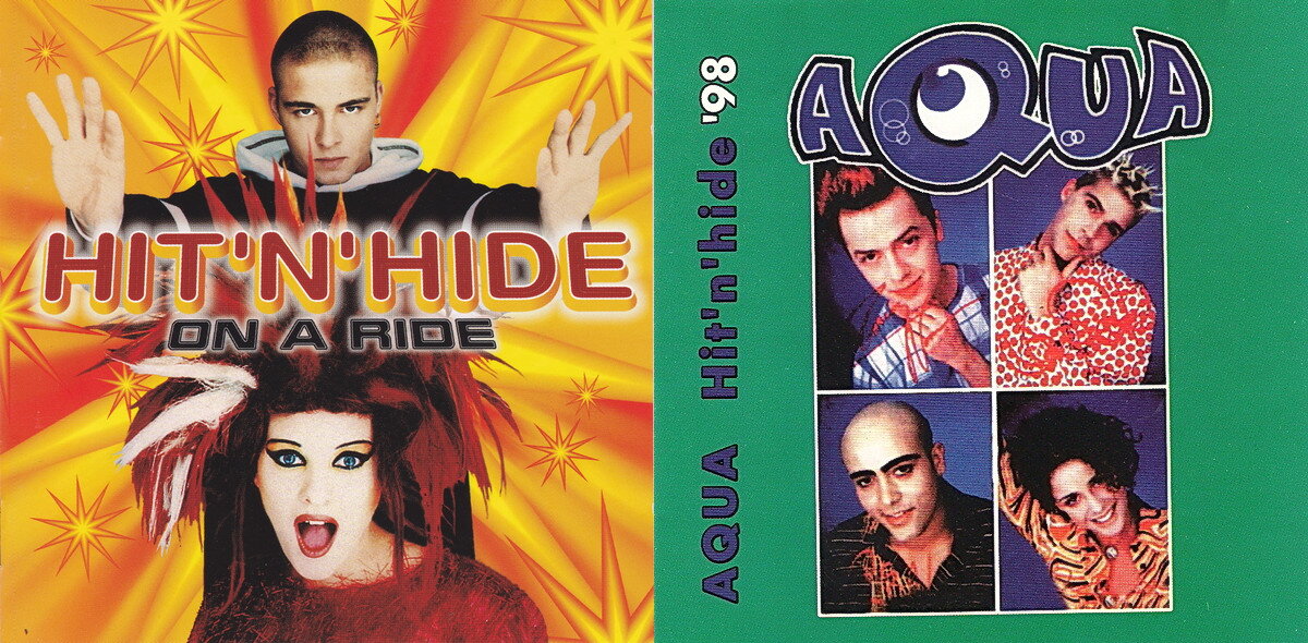 обложка оригинального альбома «On a Ride» группы «Hit'n'Hide» и пиратский российский диск, который продавался под именем группы «Aqua»