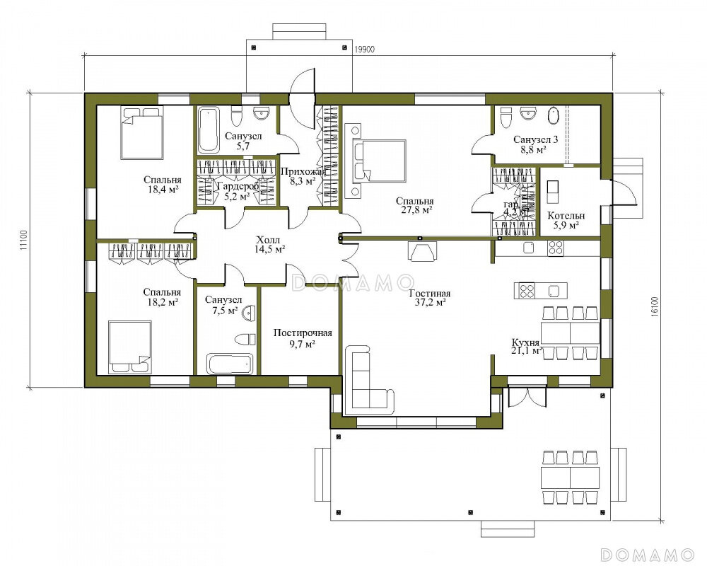 Проект одноэтажного дома с 3 спальнями, гардеробными и просторной гостиной  | DOMAMO - проекты домов | Дзен