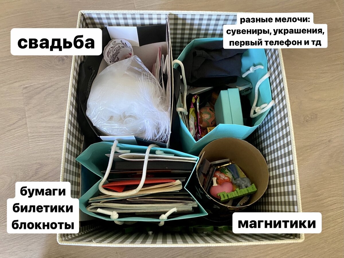 Моя Памятная коробка. Внутри 4 категории: свадьба (открытки и фата), все бумажное (билетики, блокноты, письма, дневники), разные мелочи (сувениры, украшения, статуэтки, первый телефон), магнитики (раньше висели на холодильнике, но теперь на него не крепятся)
