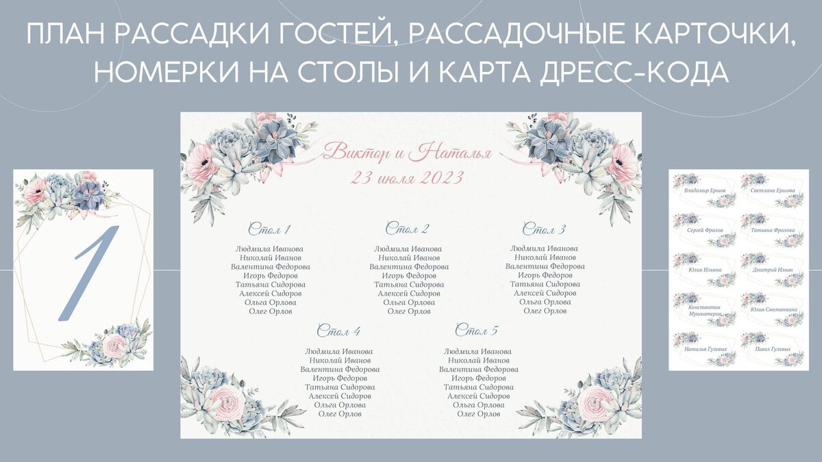 План рассадки гостей, рассадочные карточки, номерки на столы и карта дресс-кода