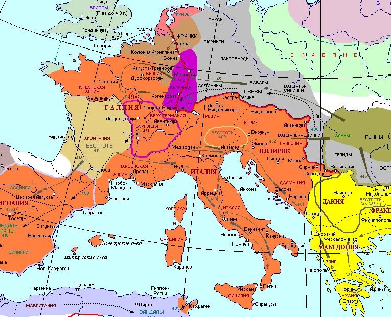 Малиновое пятно это разгромленная Бургундия. Они переселились в область обведенную малиновой линией. Вестготы - федераты. Вандалы в Африке не федераты. Множество стрелочек с походами нарисовано потому что карта охватывает события первой половины  V века 