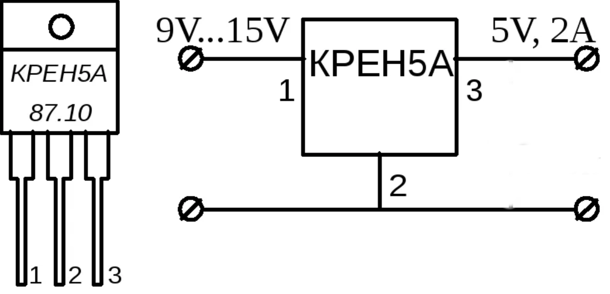 Универсальная схема для крен на 5 В и на другие напряжения. Меняется только максимальный ток и напряжение в зависимости от маркировки кренки.