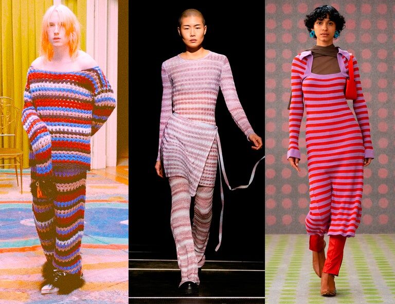 Полосатый трикотаж Полосатые цветные трикотажные ансамбли появились в этом сезоне у Marni, Eckhaus Latta и Kiko Kostadinov. Первые показали костюм топ плюс брюки, вторые — комбинезон с юбкой, а третьи — яркое платье, которые предлагают носить с остроносыми кроссовками