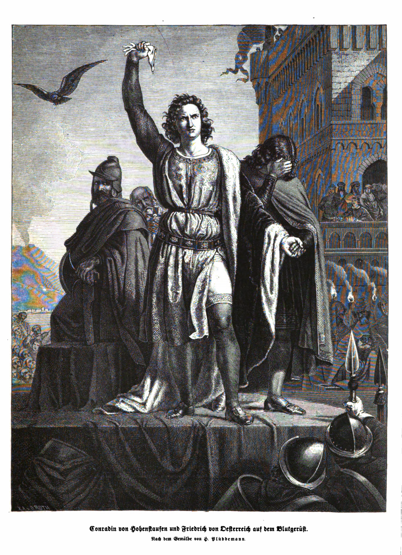 Конрадин Гогенштауфен на эшафоте.
