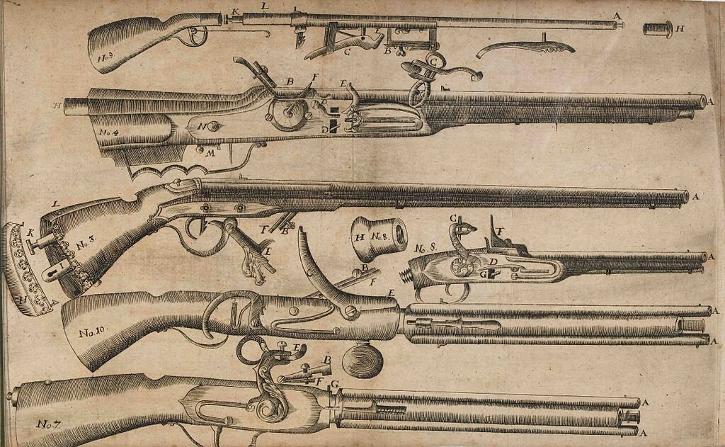 Образцы пневматических ружей (рисунок 1700 года).