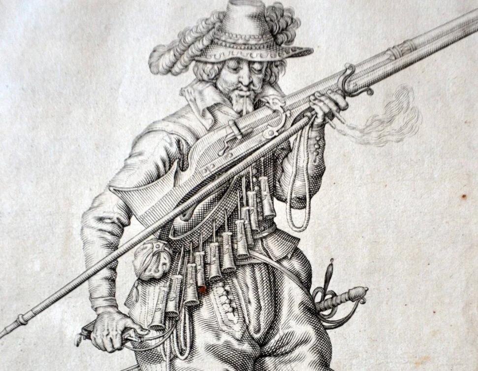 Мушкетер, на перевязи берендейки, своеобразные контейнеры для хранения отмеренных зарядов пороха