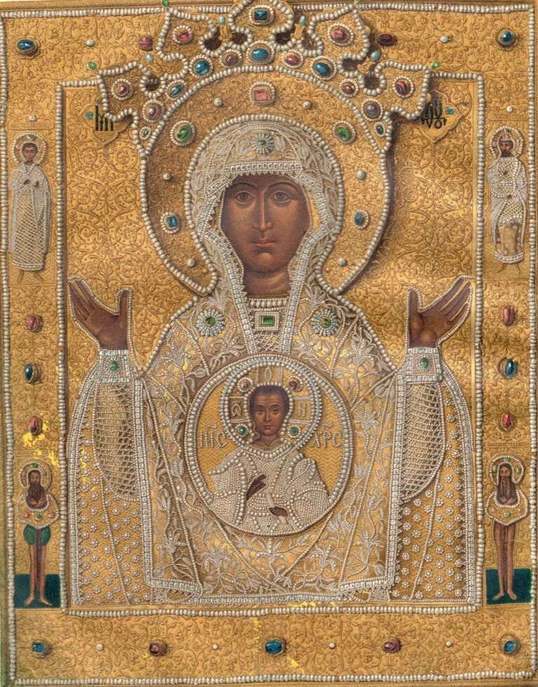 Храмовая икона «Знамение» Богородицы из Знаменского собора на Варварке. Хромолитография 1866 г. Источник: Сергий (Спасский), архим.; Историческое описание Московскаго Знаменскаго монастыря, что на Старом Государевом дворе. М., 1866.