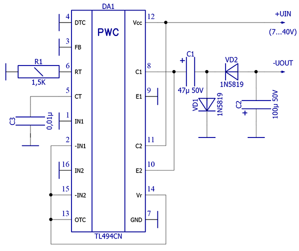 Tl494 схема включения. Tl494cn. Работа tl494 с отрицательным напряжением обратной связи.