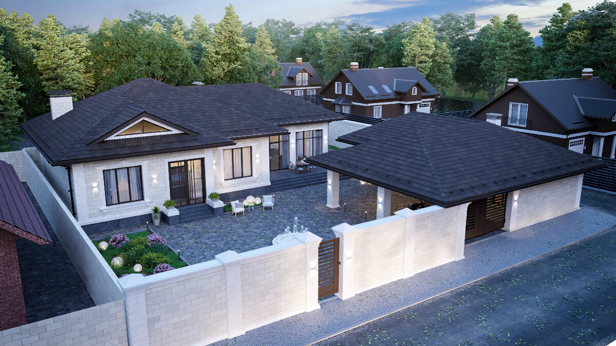 Вид сверху на участок и дом , навес с мангальной.