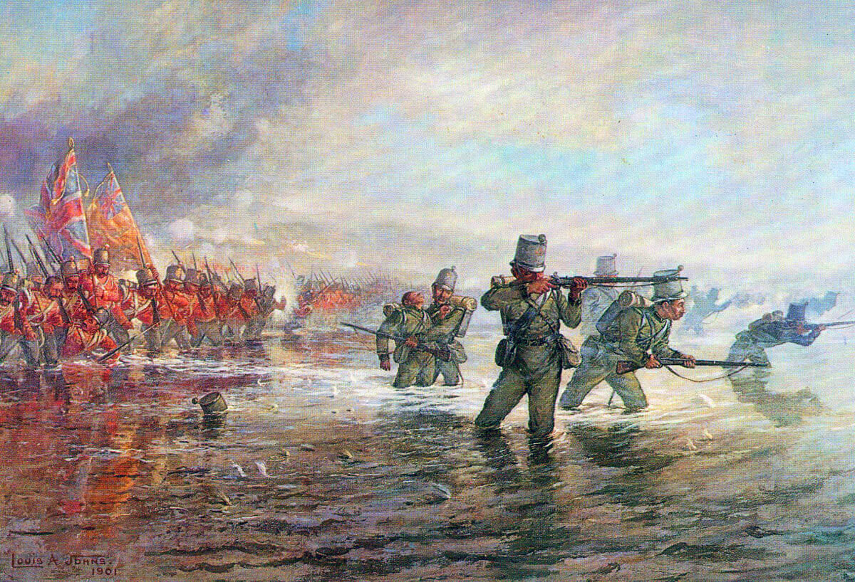 Сражение на Альме (Крымская война): 2nd Rifle Brigade leading the Light Division at the Alma, Louis Johns; 93rd Sutherland Highlanders at the Battle of Alma