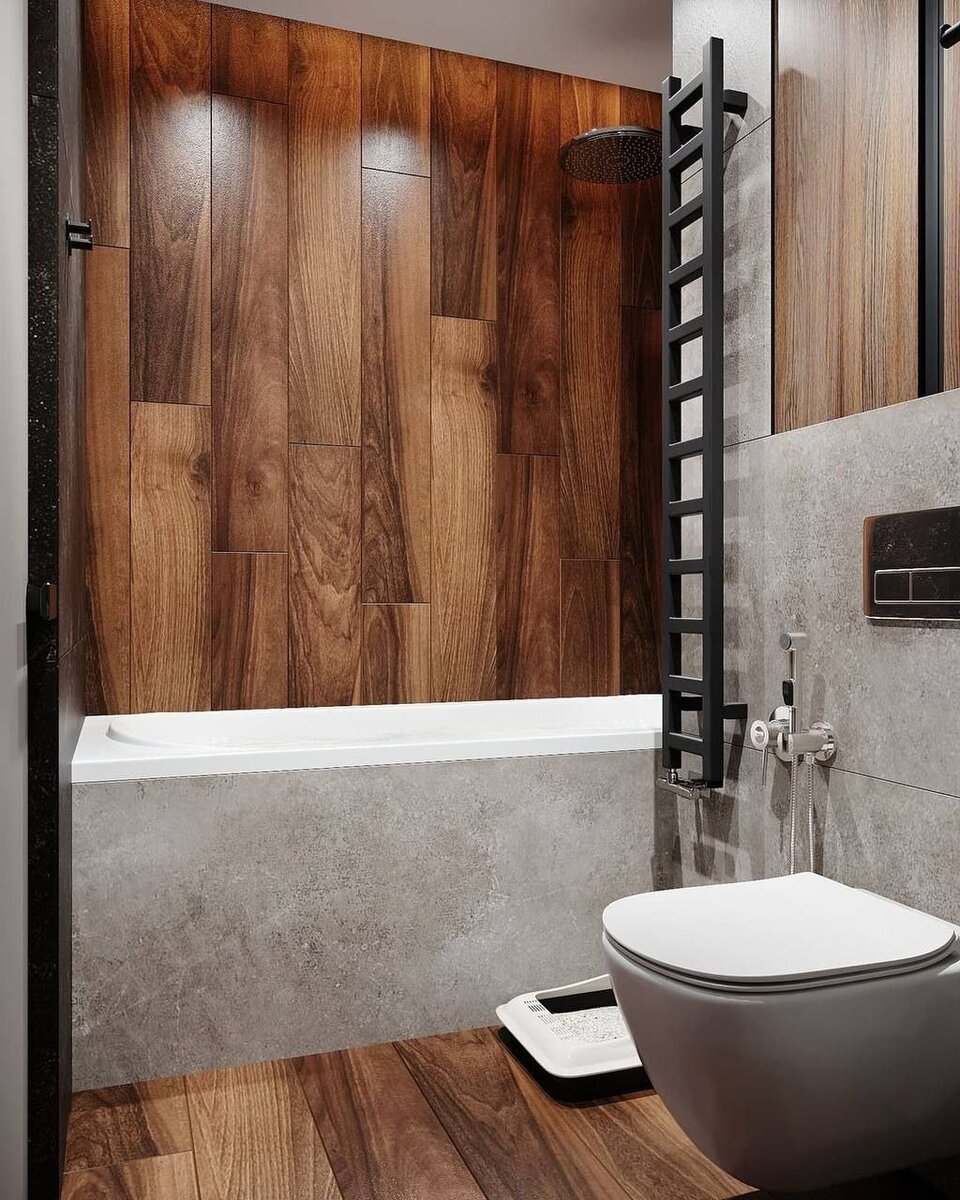 Японский минимализм в интерьере ванной,В отделке ванной комнаты используется  плитка под дерево