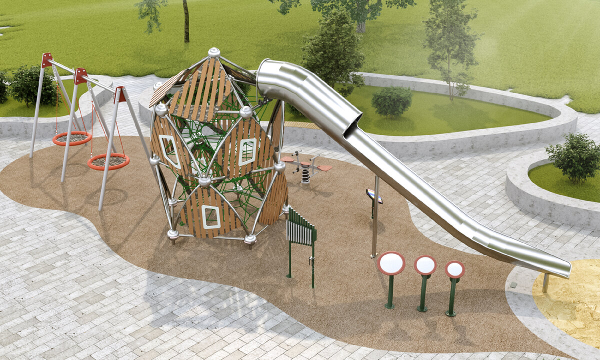 1 фото в галерее - визуализация проекта, 2 фото в галерее – уже готовая площадка