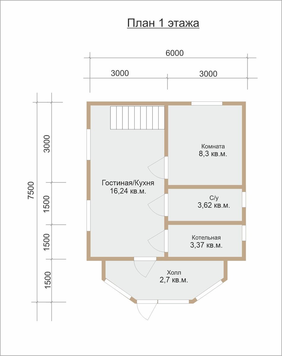 Планировка первого этажа. Скандинавский дом 6х7,5 по каркасной технологии.