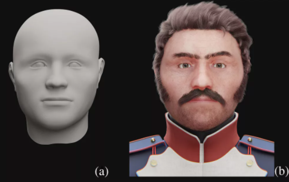 Цифровое воссоздание лица французского солдата: его фактический цвет глаз и волос неизвестен, но у большинства французских солдат в то время были карие глаза и волосы, отсюда и цифровые особенности этого воссоздания. (Изображение предоставлено: Рисунок а (слева) Дани Коутиньо Ногейры; Рисунок в (справа) Флорана Конте; Коутиньо Ногейра, Д. и др. Международный журнал остео археологии. Опубликовано Уайли.)