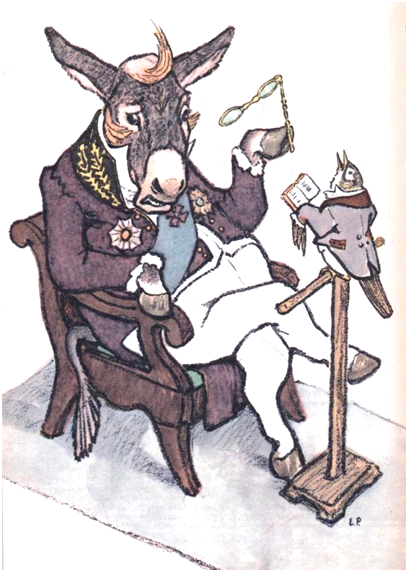 Иллюстрация Е. Рачева к басне Крылова «Осел и соловей».