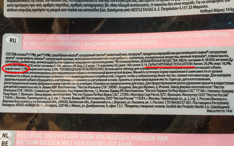 Содержание золы в корме Purina Pro Plan, которым питается моя собака. Фото @kinologsmirnov.ru