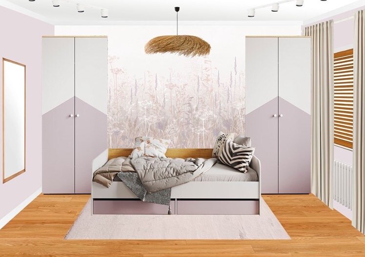 Мебель Лазурит, коллекция «Жемчужина»
Краска little green LG 5, Whisper
Фотообои «Полевые травы» 
Шторы IKEA, Vilborg 
Зеркало в раме из массива орехового дерева и дуба La Redoute