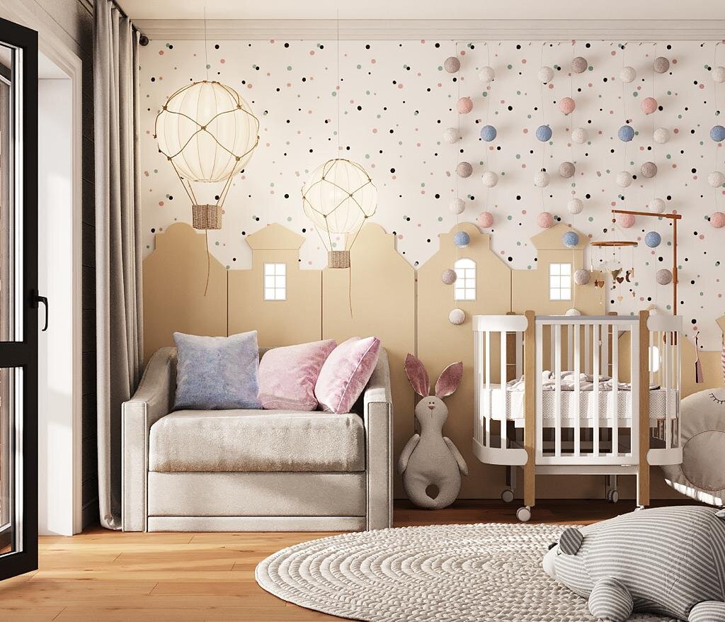 Детская с люлькой до 2-3 месяцев, диванчиком для мамы и подушками