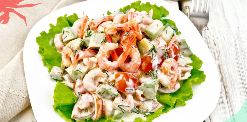 салат с кальмарами и креветками самый вкусный без майонеза пошаговый рецепт с фото | Дзен