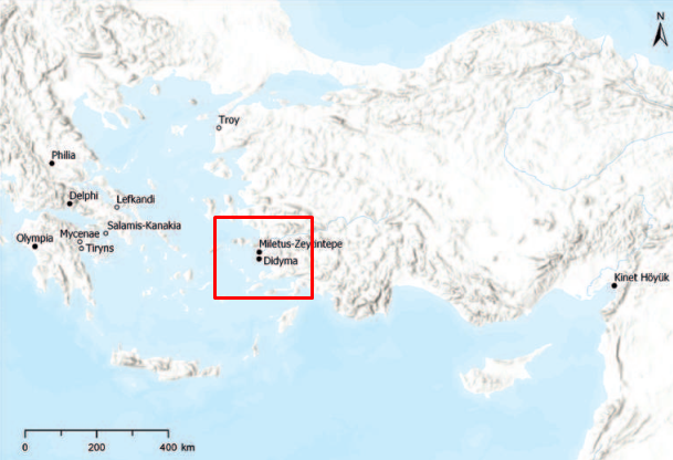 Дидимы и Милет на карте Восточного Средиземноморья, по Верчик и Гюдер, 2021
