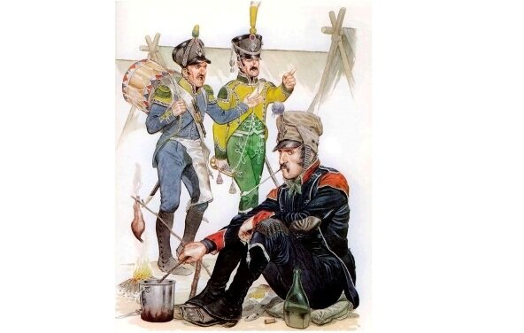 Неаполитанская легкая пехота на привале: барабанщик, трубач и егерь